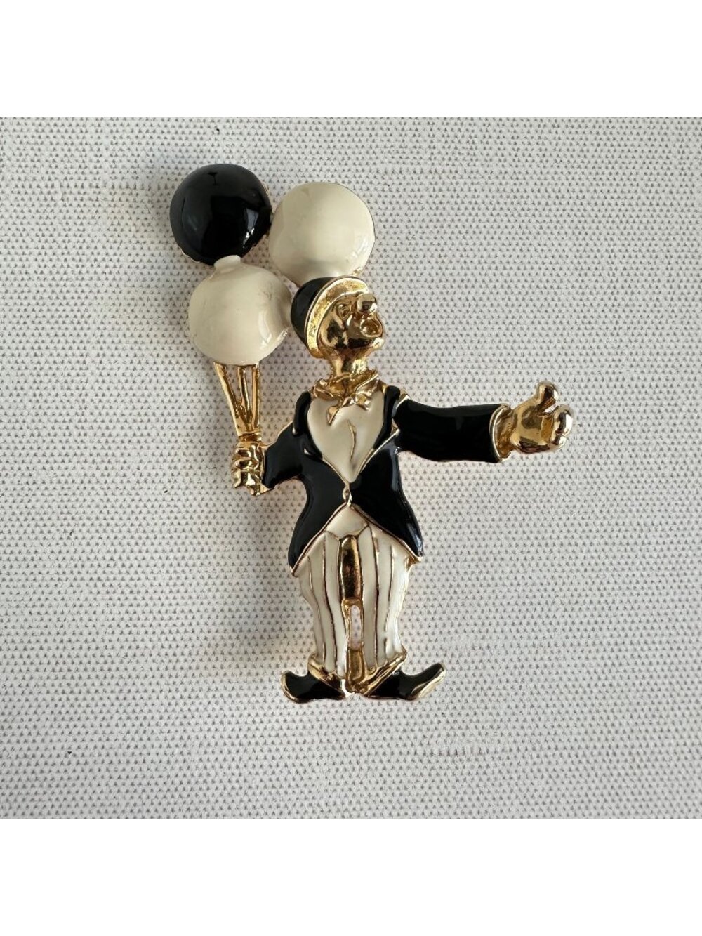 Enamel Clown Brooch With Balloons Gold & Black/White Pin Jewelry 3 Inches